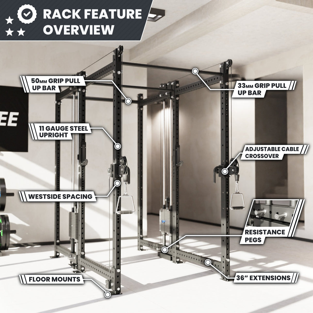 Synergee 2300 Series Power Cage with Synchronized Cable Crossovers – Dual 80lb Stacks, Adjustable Pulleys, and Multi-Grip Pull-Up Bars