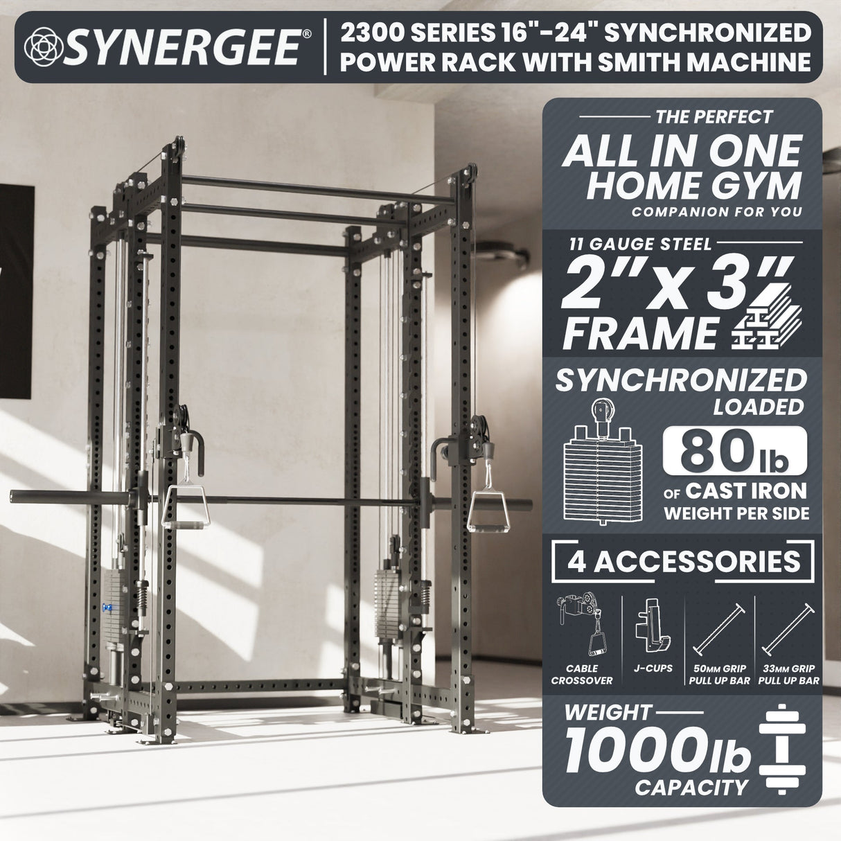 Synergee 2300 Series Power Cage with Smith Machine & Dual 80 lb Cable Crossovers – Full Body Workout Station for Home & Commercial Gyms