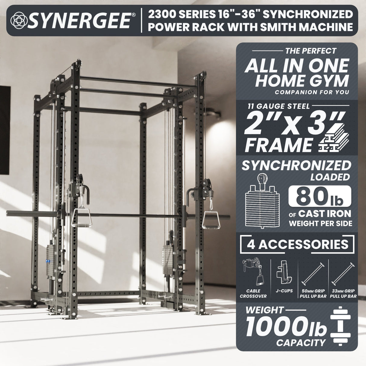 Synergee 2300 Series Power Cage with Smith Machine & Dual 80 lb Cable Crossovers – Full Body Workout Station for Home & Commercial Gyms