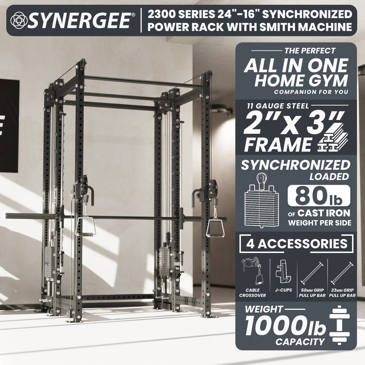 Synergee 2300 Series Power Cage with Smith Machine & Dual 80 lb Cable Crossovers – Full Body Workout Station for Home & Commercial Gyms
