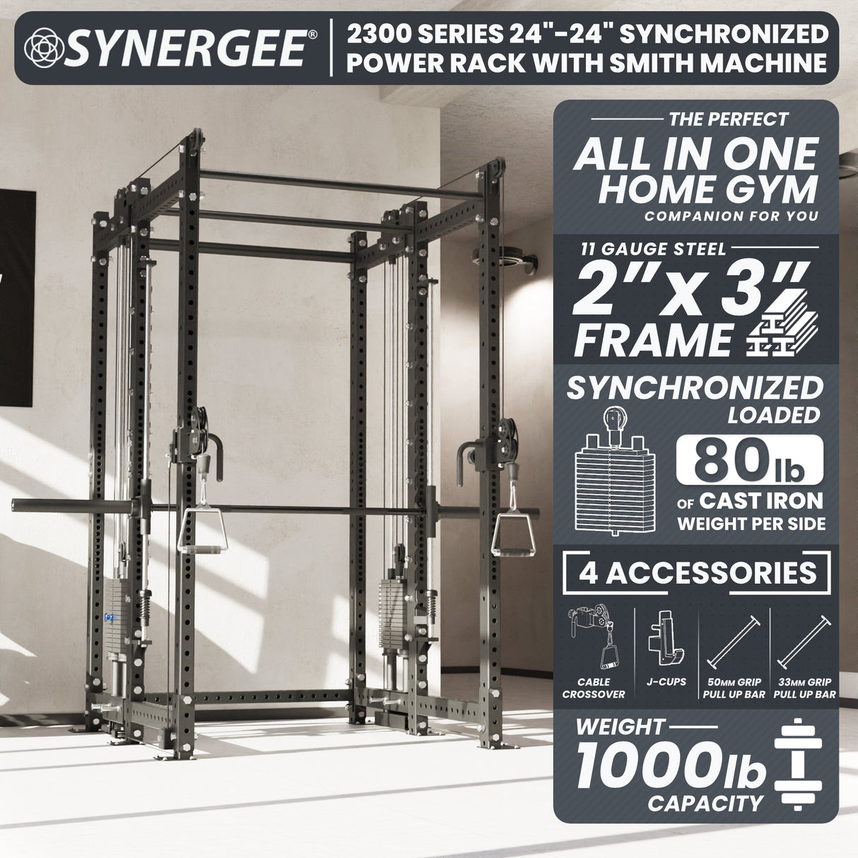 Synergee 2300 Series Power Cage with Smith Machine & Dual 80 lb Cable Crossovers – Full Body Workout Station for Home & Commercial Gyms