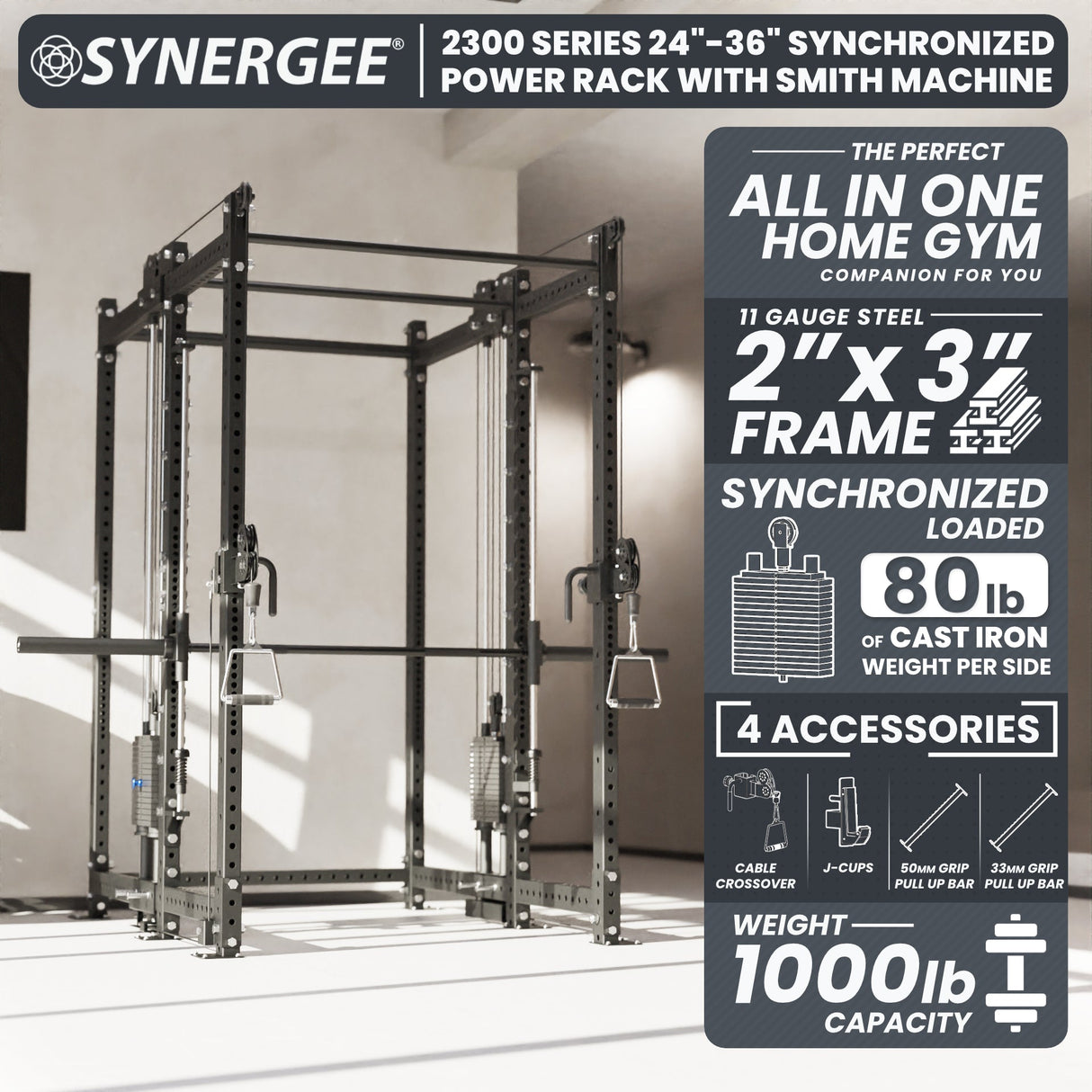 Synergee 2300 Series Power Cage with Smith Machine & Dual 80 lb Cable Crossovers – Full Body Workout Station for Home & Commercial Gyms