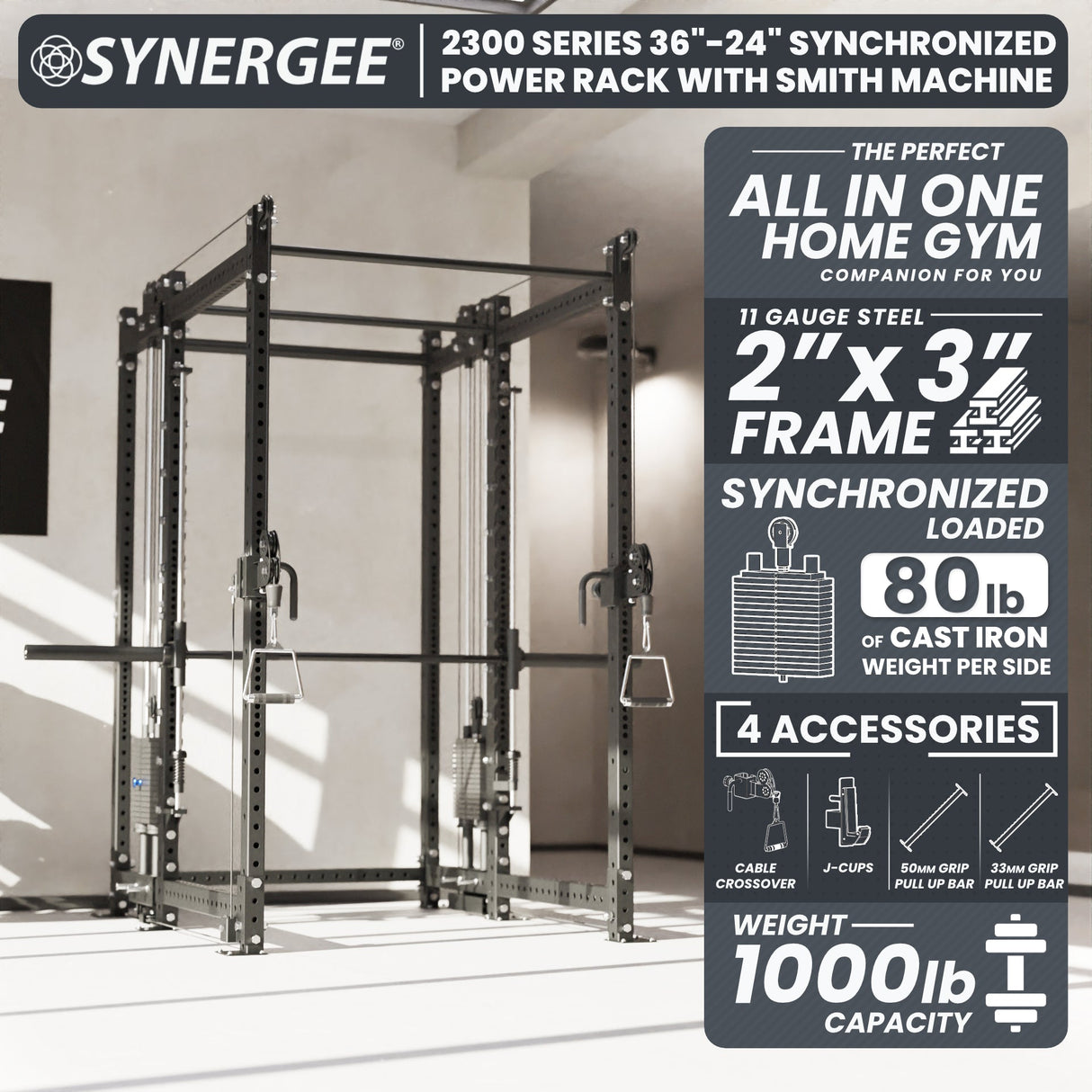 Synergee 2300 Series Power Cage with Smith Machine & Dual 80 lb Cable Crossovers – Full Body Workout Station for Home & Commercial Gyms