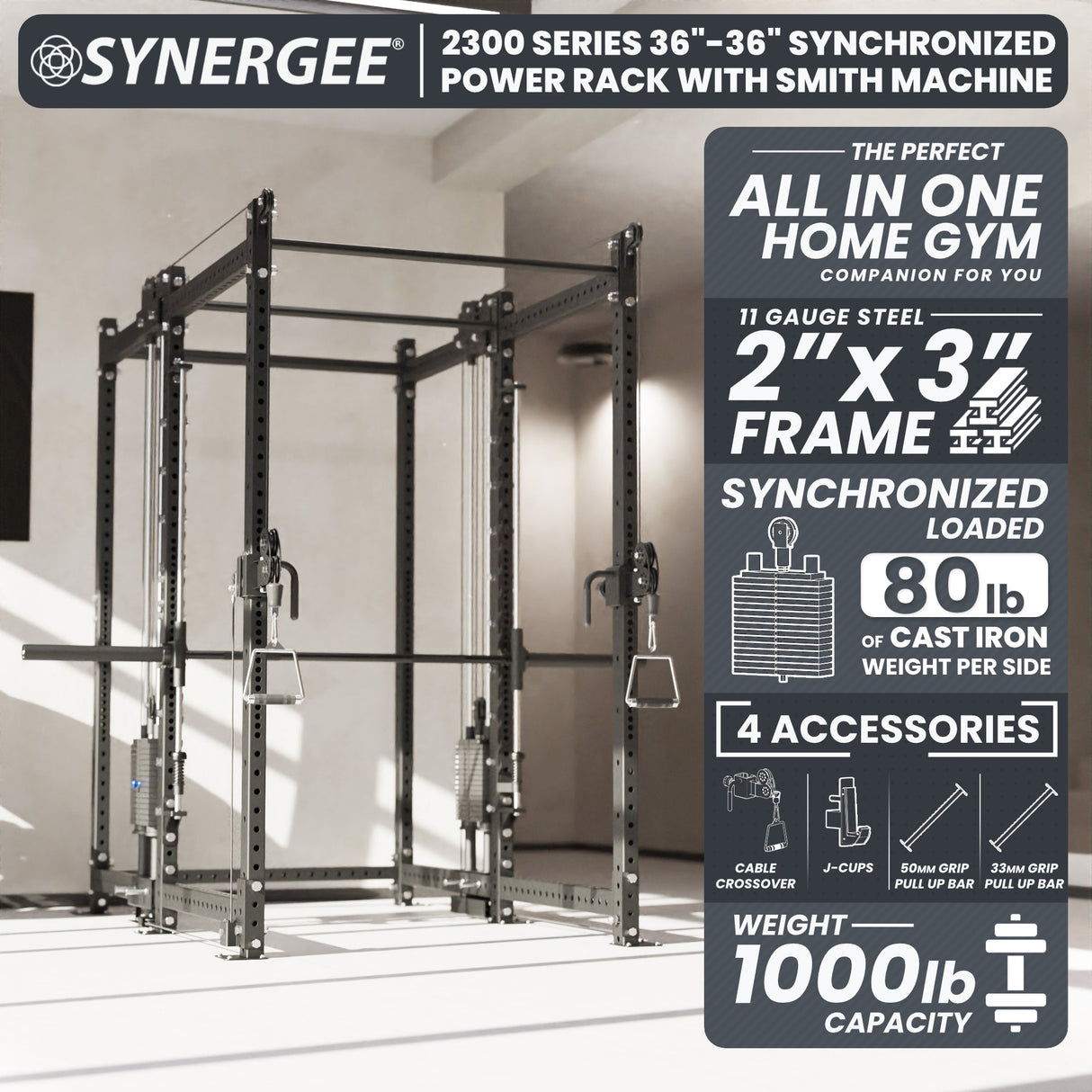 Synergee 2300 Series Power Cage with Smith Machine & Dual 80 lb Cable Crossovers – Full Body Workout Station for Home & Commercial Gyms