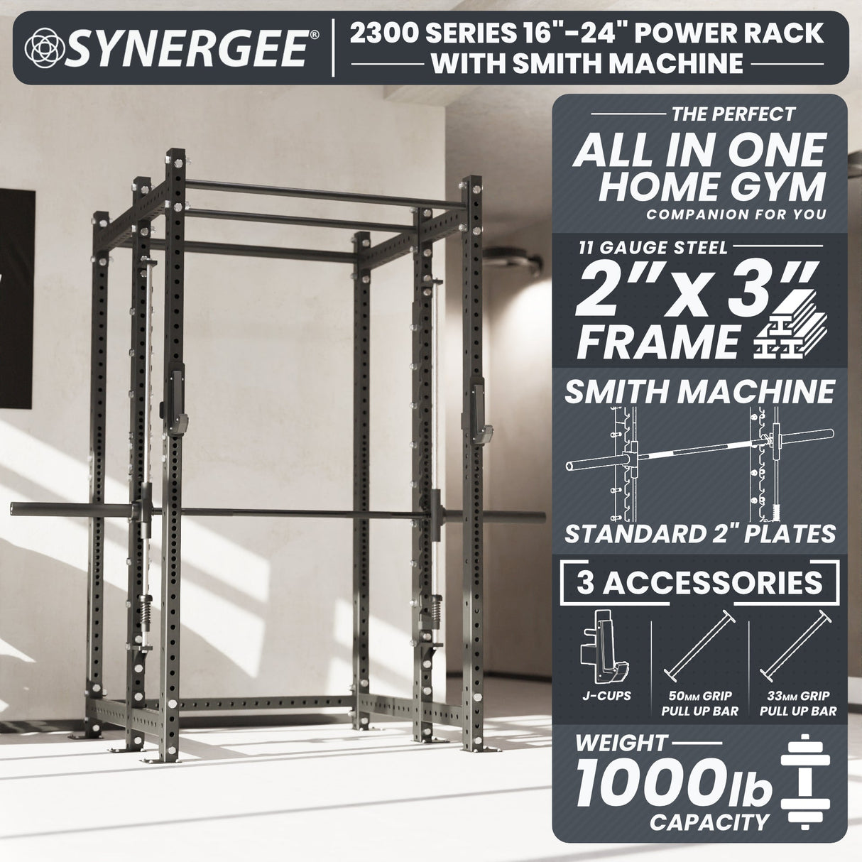 Synergee 2300 Series Power Cage with Smith Machine – Heavy-Duty Home Gym Rack with Multi-Grip Pull-Up Bars & Safety J-Cups