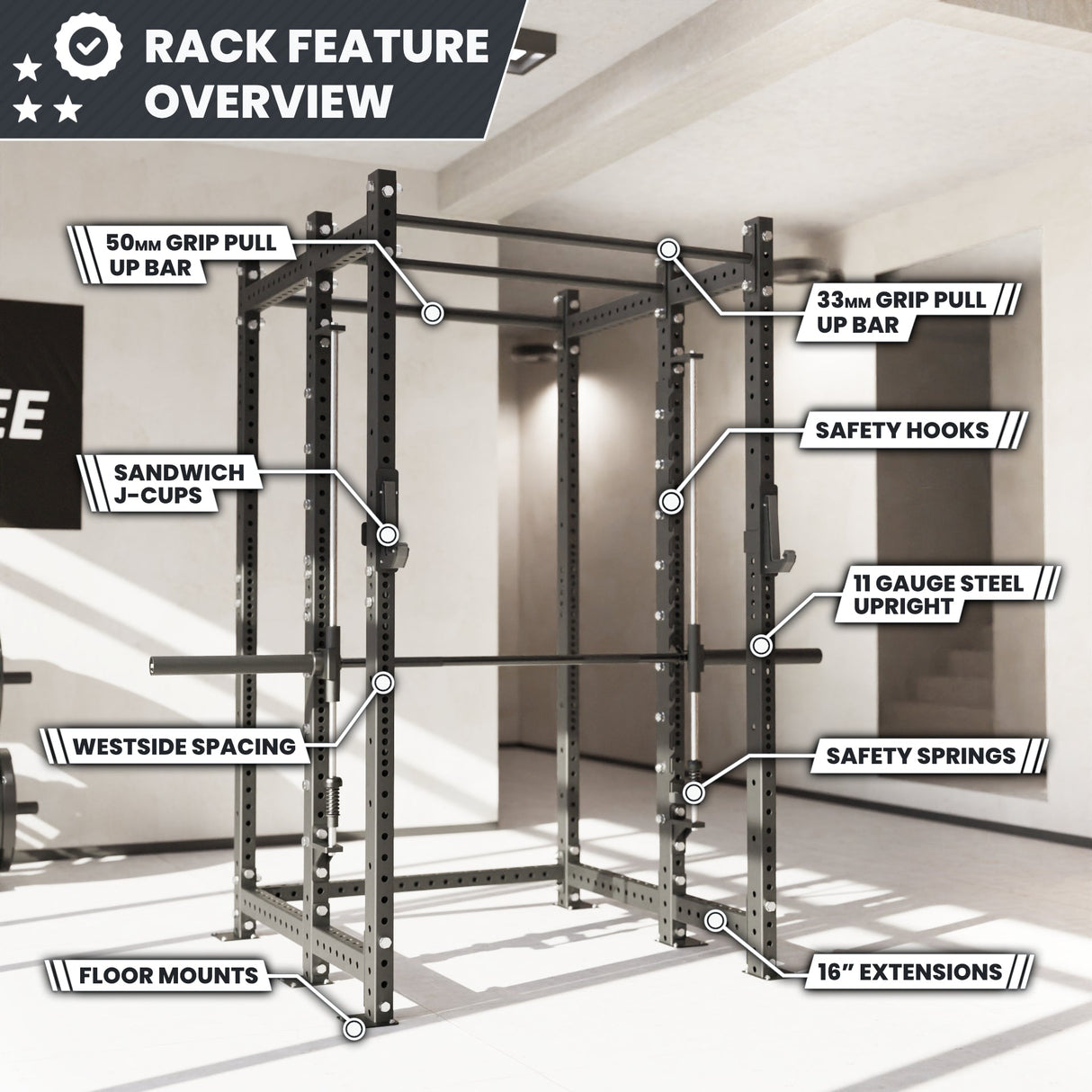Synergee 2300 Series Power Cage with Smith Machine – Heavy-Duty Home Gym Rack with Multi-Grip Pull-Up Bars & Safety J-Cups