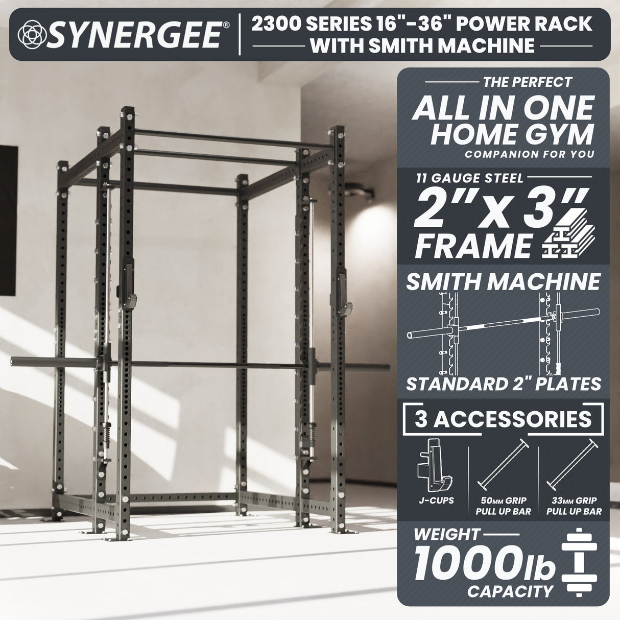 Synergee 2300 Series Power Cage with Smith Machine – Heavy-Duty Home Gym Rack with Multi-Grip Pull-Up Bars & Safety J-Cups