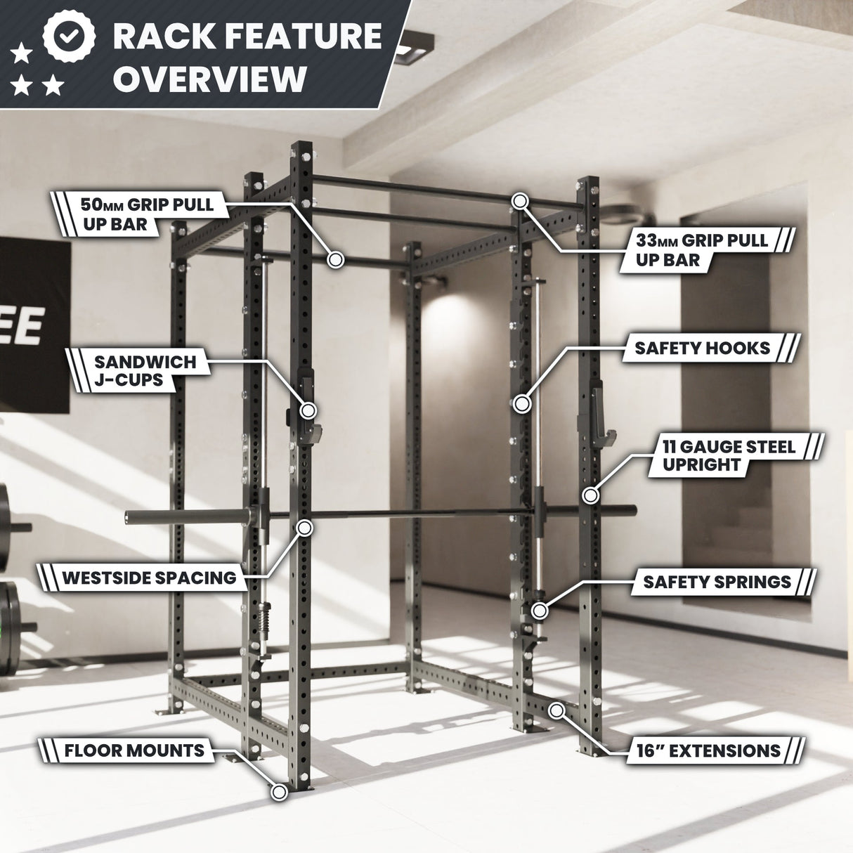 Synergee 2300 Series Power Cage with Smith Machine – Heavy-Duty Home Gym Rack with Multi-Grip Pull-Up Bars & Safety J-Cups