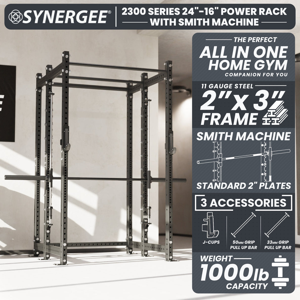 Synergee 2300 Series Power Cage with Smith Machine – Heavy-Duty Home Gym Rack with Multi-Grip Pull-Up Bars & Safety J-Cups
