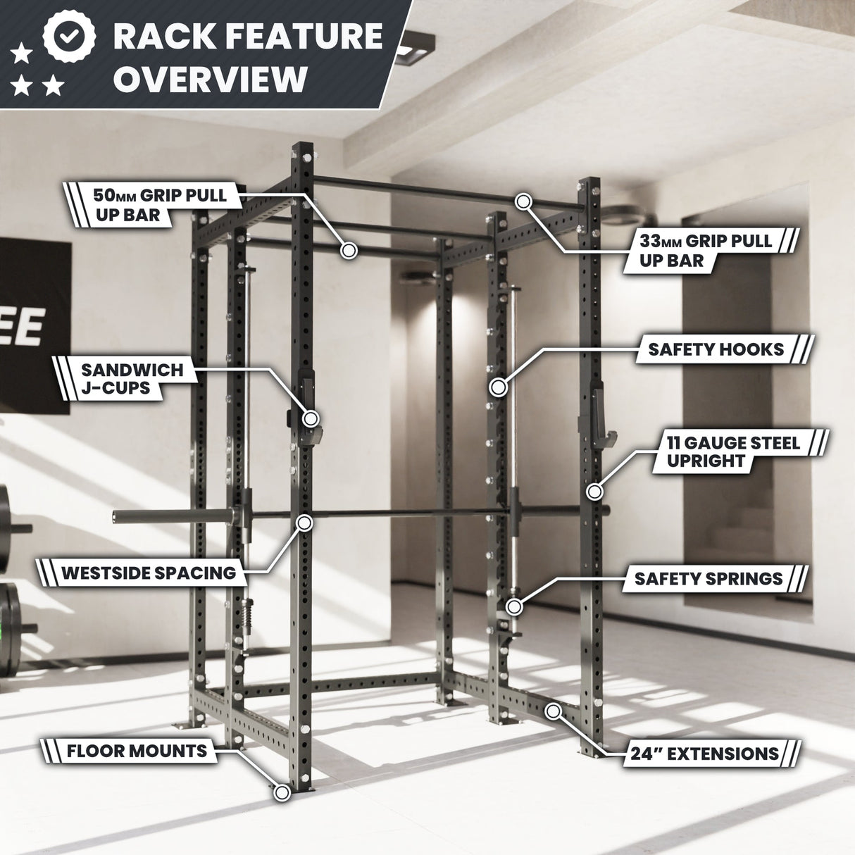 Synergee 2300 Series Power Cage with Smith Machine – Heavy-Duty Home Gym Rack with Multi-Grip Pull-Up Bars & Safety J-Cups