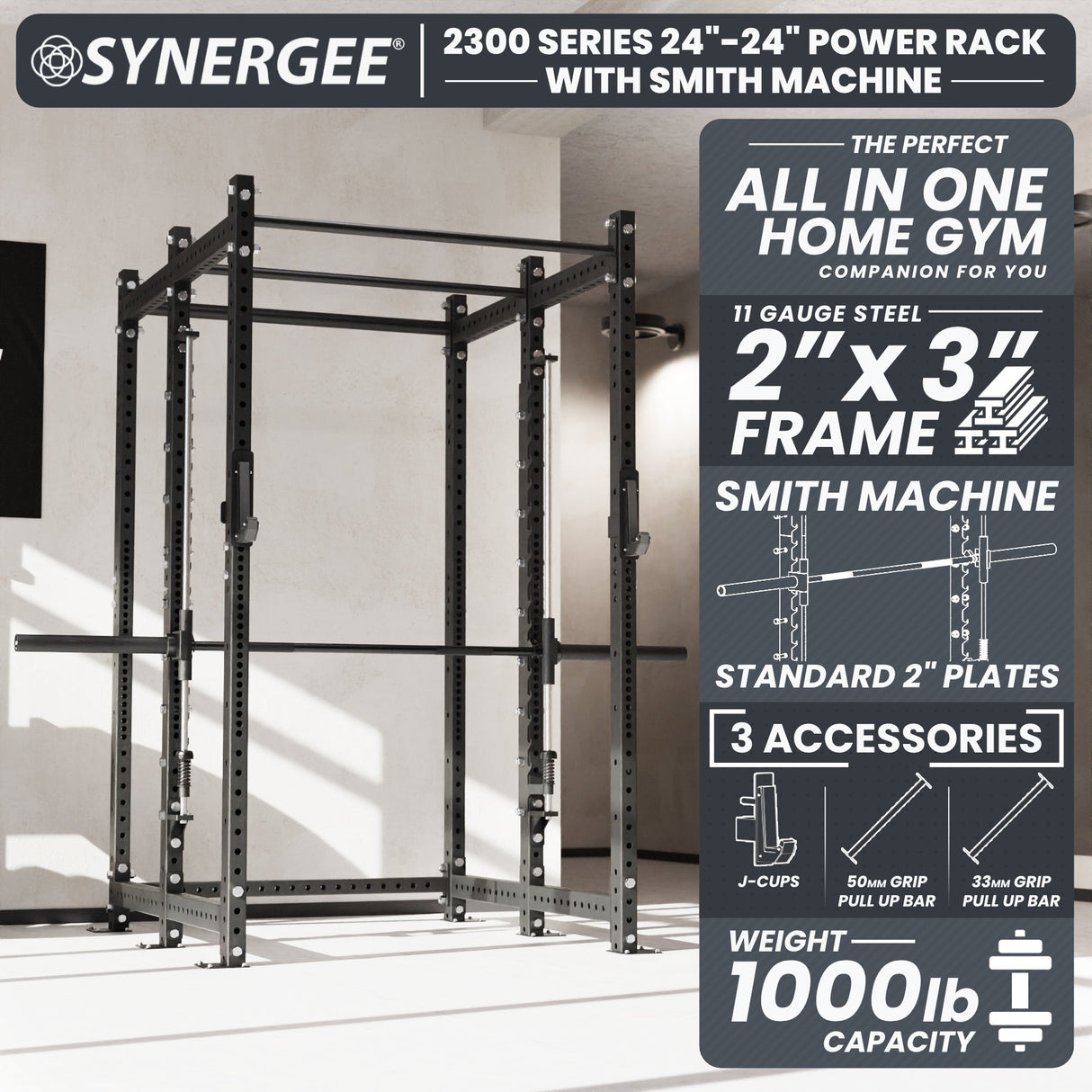 Synergee 2300 Series Power Cage with Smith Machine – Heavy-Duty Home Gym Rack with Multi-Grip Pull-Up Bars & Safety J-Cups