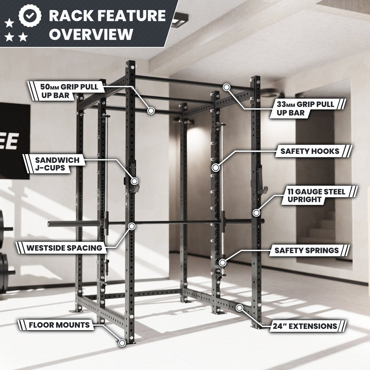 Synergee 2300 Series Power Cage with Smith Machine – Heavy-Duty Home Gym Rack with Multi-Grip Pull-Up Bars & Safety J-Cups