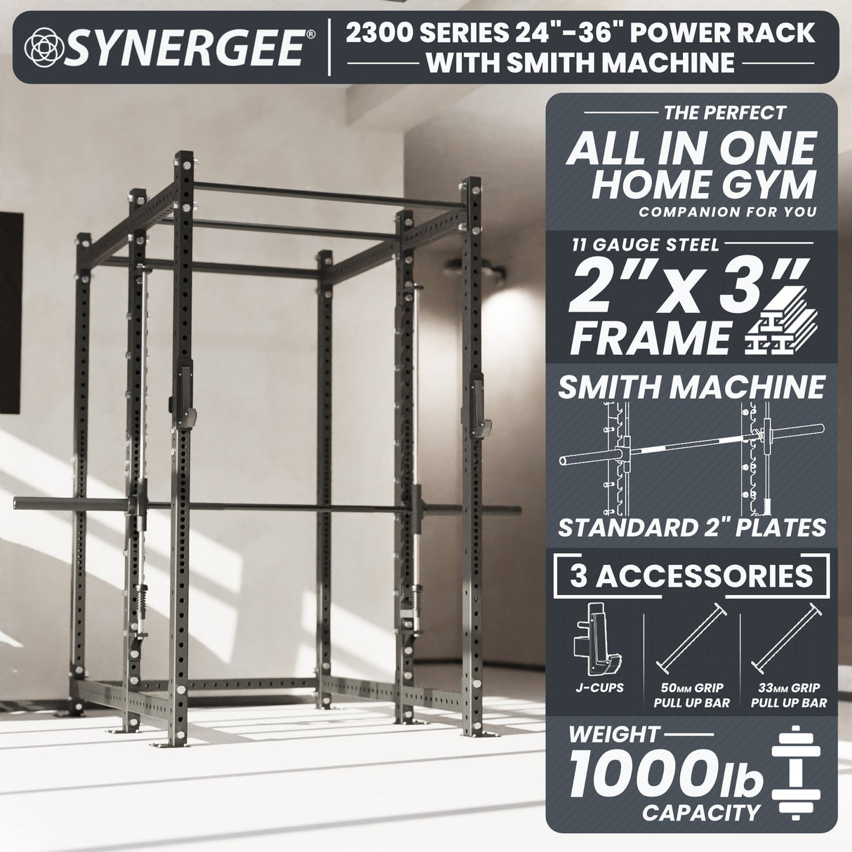 Synergee 2300 Series Power Cage with Smith Machine – Heavy-Duty Home Gym Rack with Multi-Grip Pull-Up Bars & Safety J-Cups
