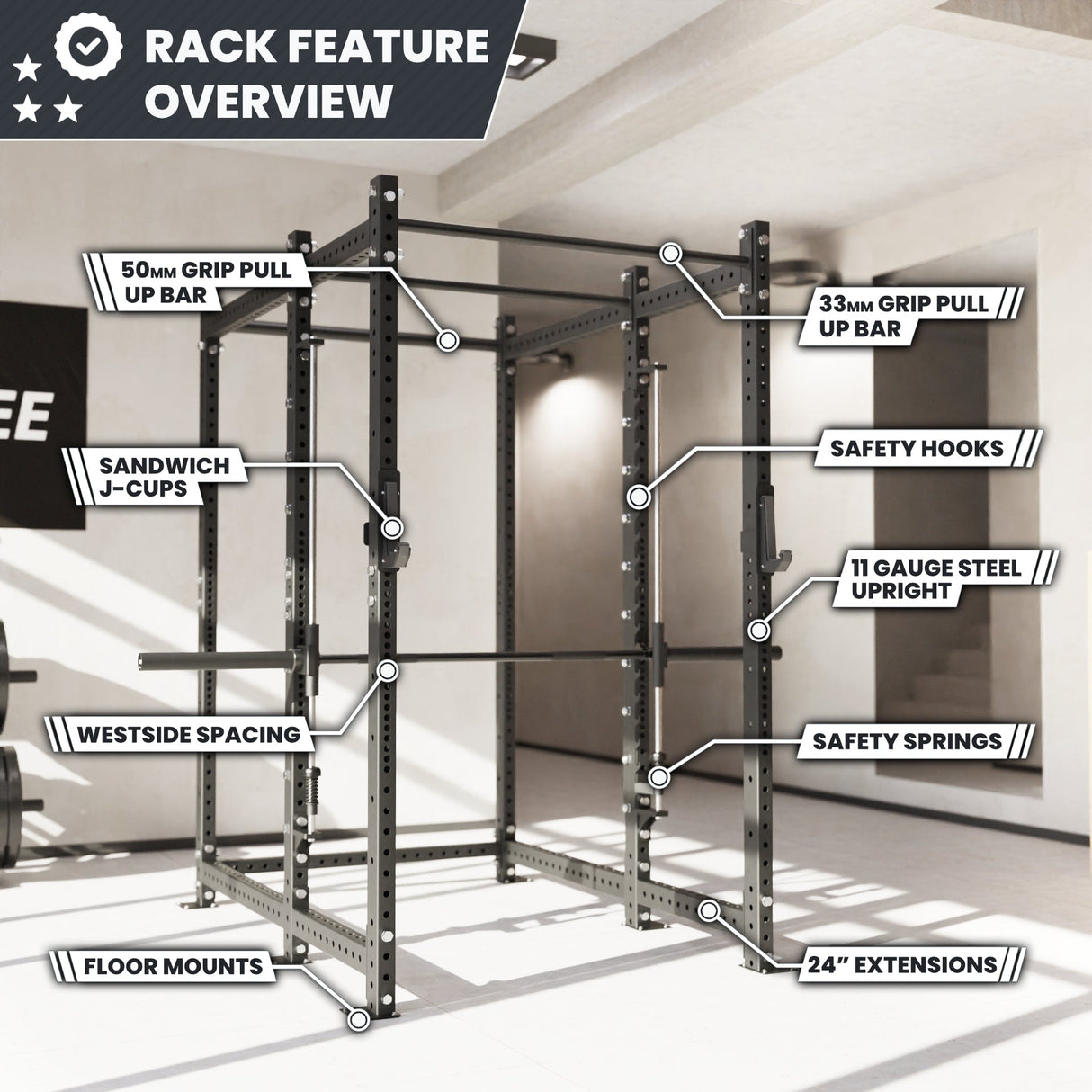 Synergee 2300 Series Power Cage with Smith Machine – Heavy-Duty Home Gym Rack with Multi-Grip Pull-Up Bars & Safety J-Cups