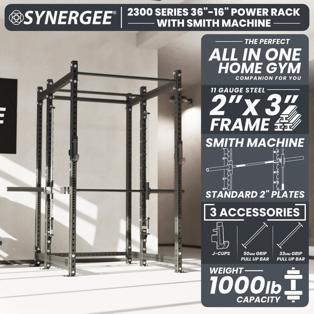 Synergee 2300 Series Power Cage with Smith Machine – Heavy-Duty Home Gym Rack with Multi-Grip Pull-Up Bars & Safety J-Cups