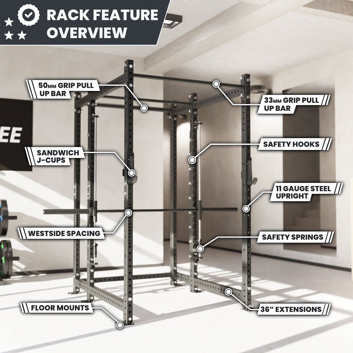 Synergee 2300 Series Power Cage with Smith Machine – Heavy-Duty Home Gym Rack with Multi-Grip Pull-Up Bars & Safety J-Cups