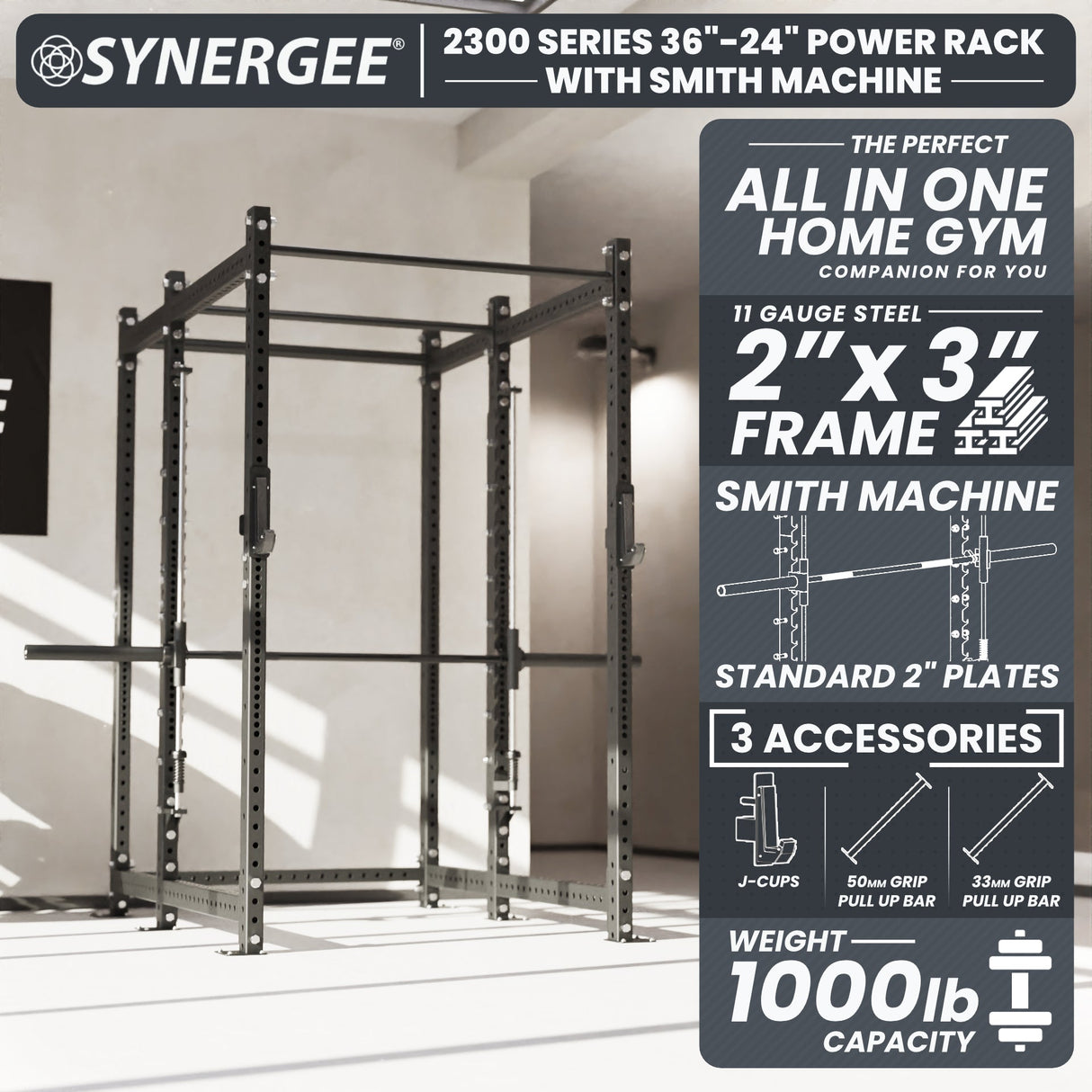 Synergee 2300 Series Power Cage with Smith Machine – Heavy-Duty Home Gym Rack with Multi-Grip Pull-Up Bars & Safety J-Cups