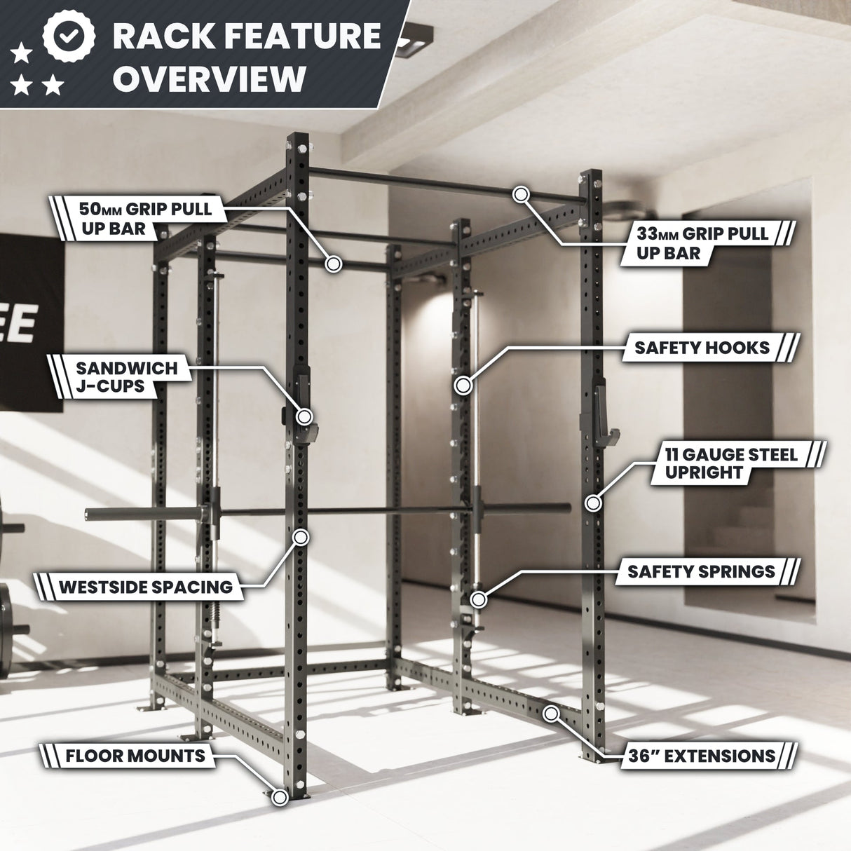 Synergee 2300 Series Power Cage with Smith Machine – Heavy-Duty Home Gym Rack with Multi-Grip Pull-Up Bars & Safety J-Cups