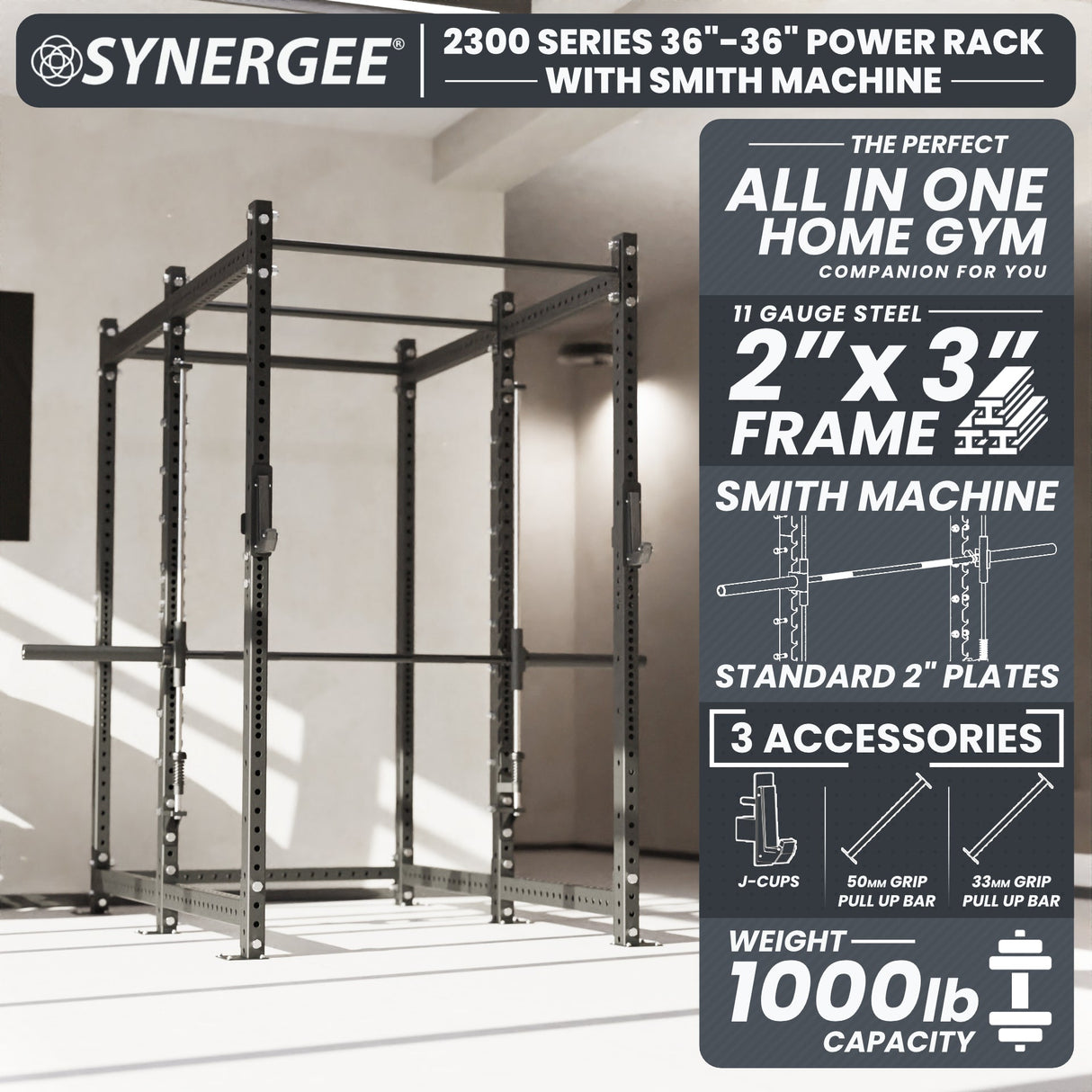 Synergee 2300 Series Power Cage with Smith Machine – Heavy-Duty Home Gym Rack with Multi-Grip Pull-Up Bars & Safety J-Cups