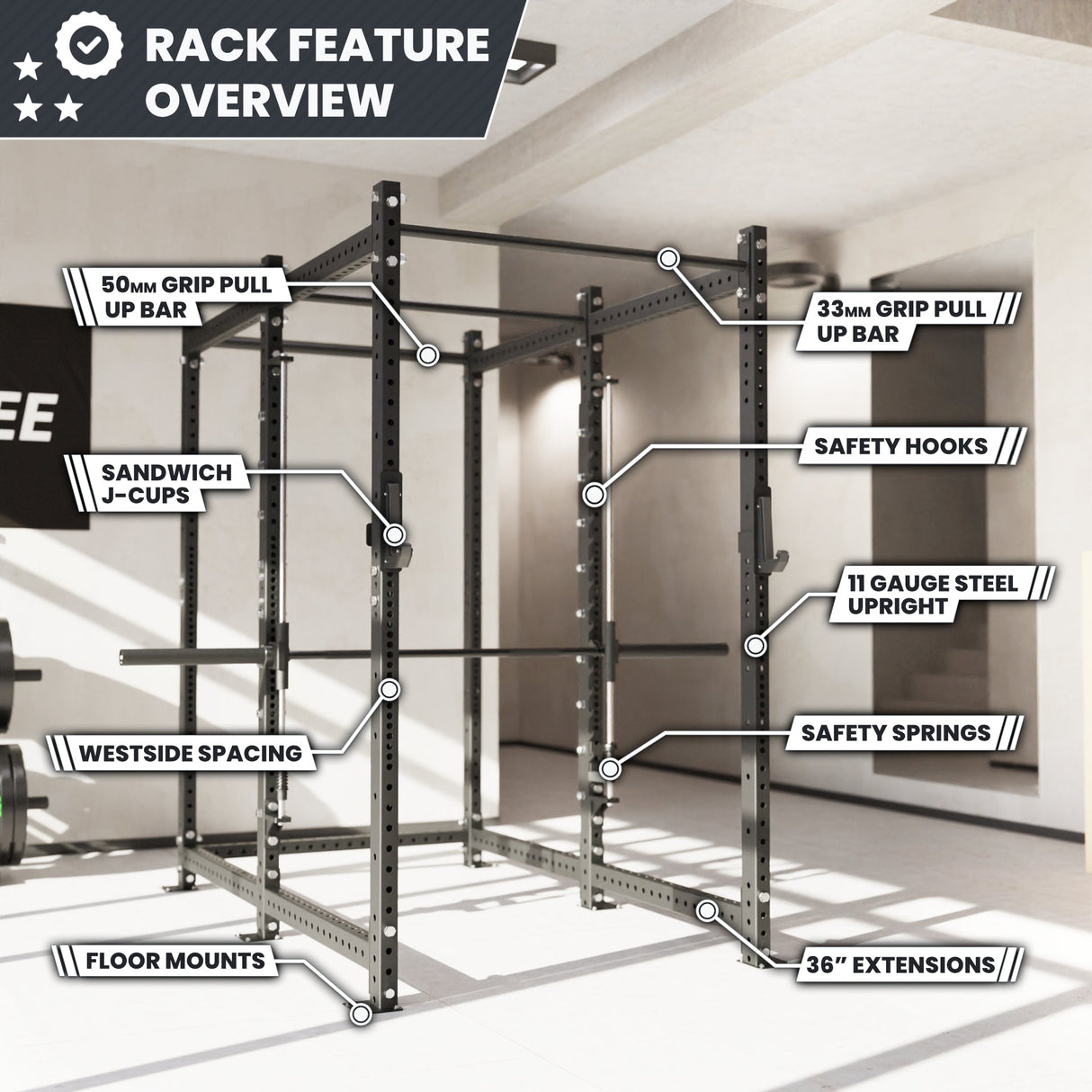 Synergee 2300 Series Power Cage with Smith Machine – Heavy-Duty Home Gym Rack with Multi-Grip Pull-Up Bars & Safety J-Cups