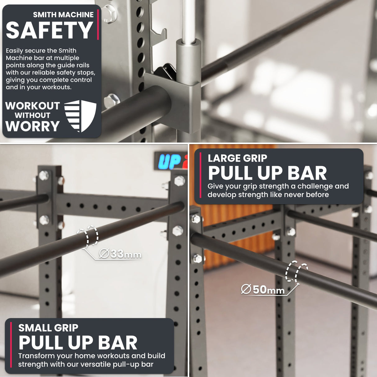 Synergee 2300 Series Power Cage with Smith Machine – Heavy-Duty Home Gym Rack with Multi-Grip Pull-Up Bars & Safety J-Cups