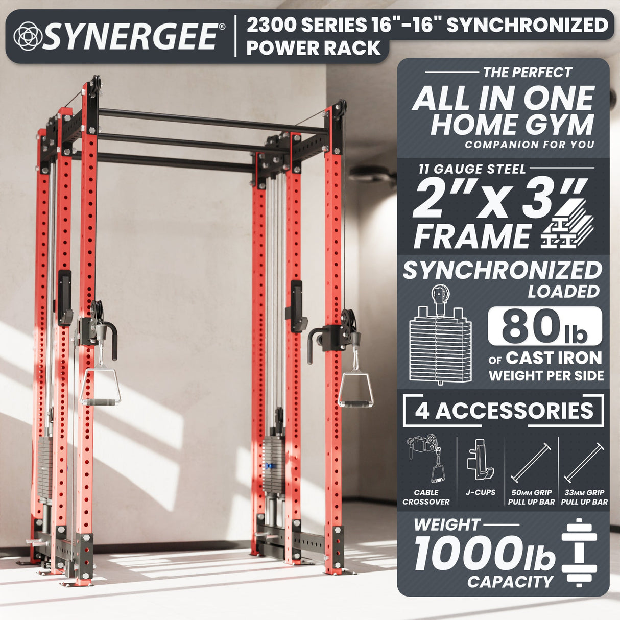 Synergee 2300 Series Power Cage with Synchronized Cable Crossovers – Dual 80lb Stacks, Adjustable Pulleys, and Multi-Grip Pull-Up Bars