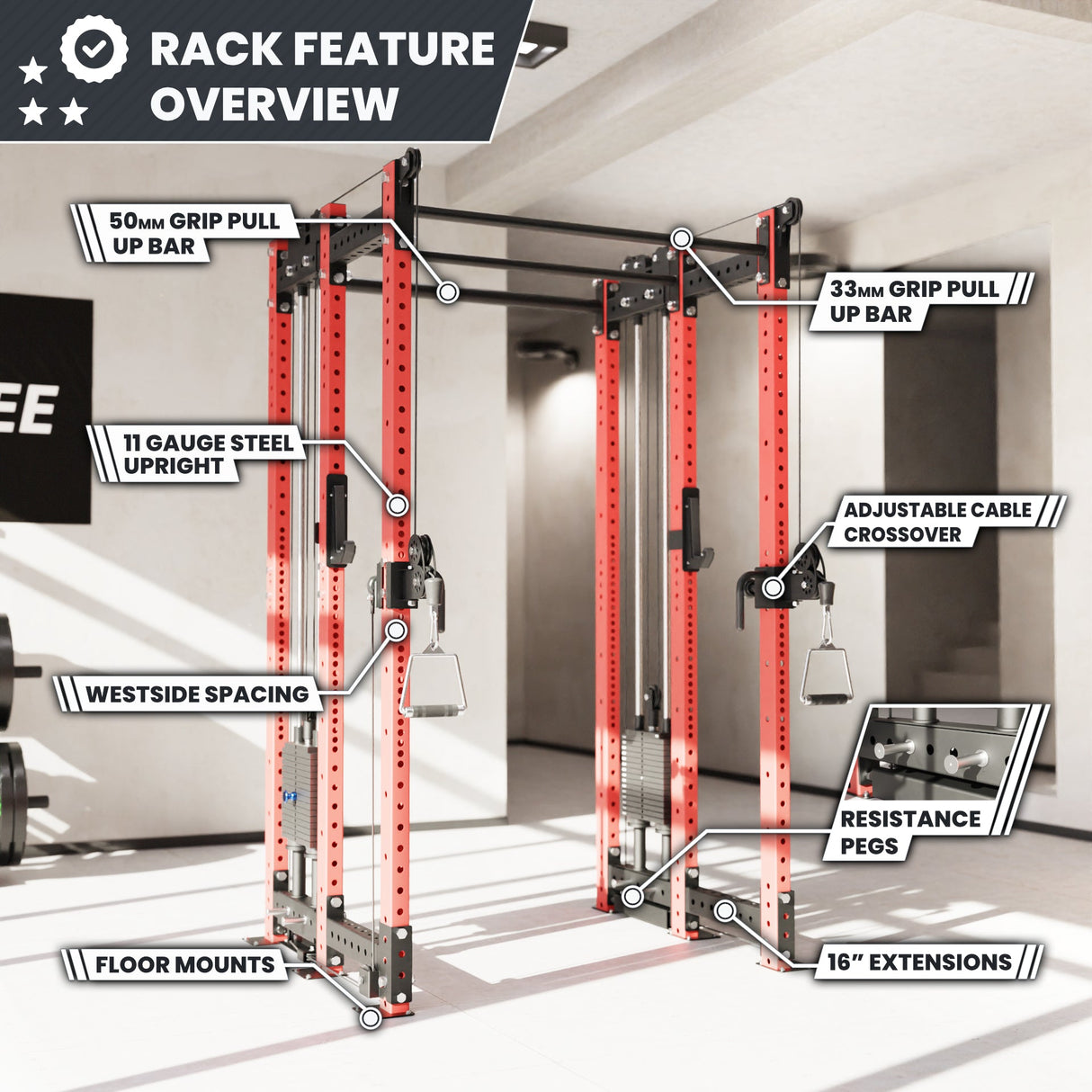 Synergee 2300 Series Power Cage with Synchronized Cable Crossovers – Dual 80lb Stacks, Adjustable Pulleys, and Multi-Grip Pull-Up Bars