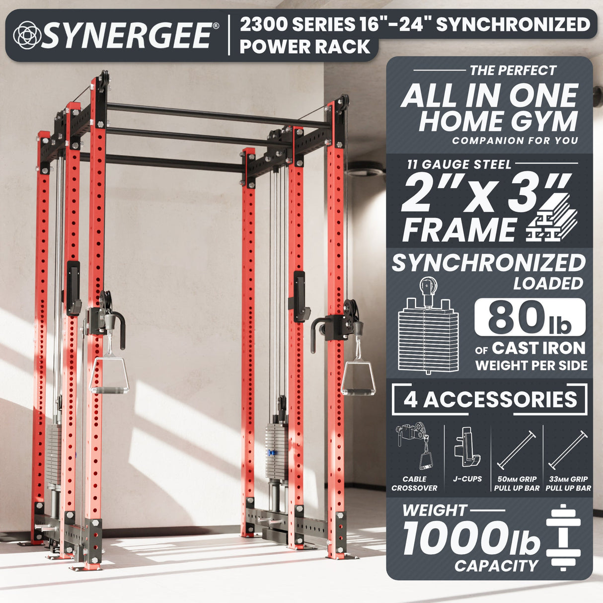 Synergee 2300 Series Power Cage with Synchronized Cable Crossovers – Dual 80lb Stacks, Adjustable Pulleys, and Multi-Grip Pull-Up Bars