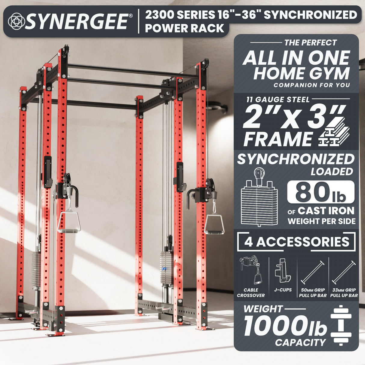 Synergee 2300 Series Power Cage with Synchronized Cable Crossovers – Dual 80lb Stacks, Adjustable Pulleys, and Multi-Grip Pull-Up Bars