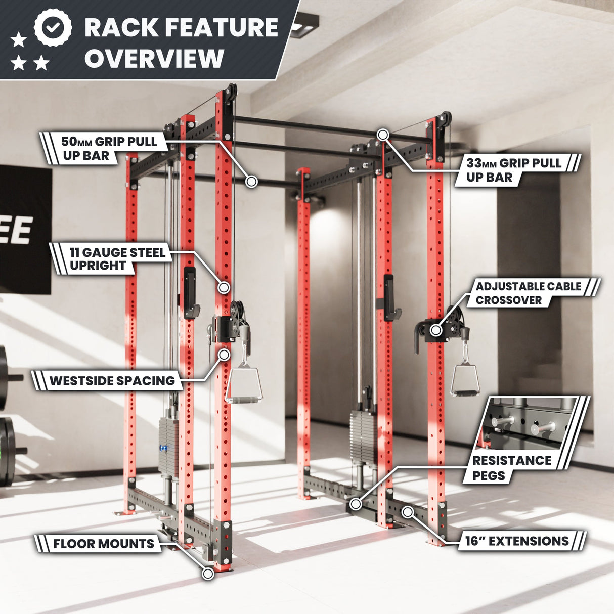 Synergee 2300 Series Power Cage with Synchronized Cable Crossovers – Dual 80lb Stacks, Adjustable Pulleys, and Multi-Grip Pull-Up Bars