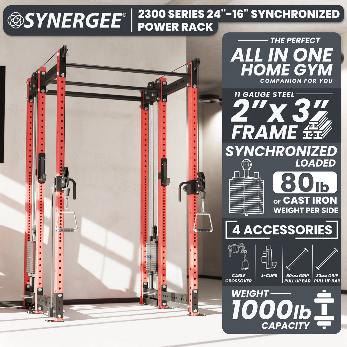 Synergee 2300 Series Power Cage with Synchronized Cable Crossovers – Dual 80lb Stacks, Adjustable Pulleys, and Multi-Grip Pull-Up Bars