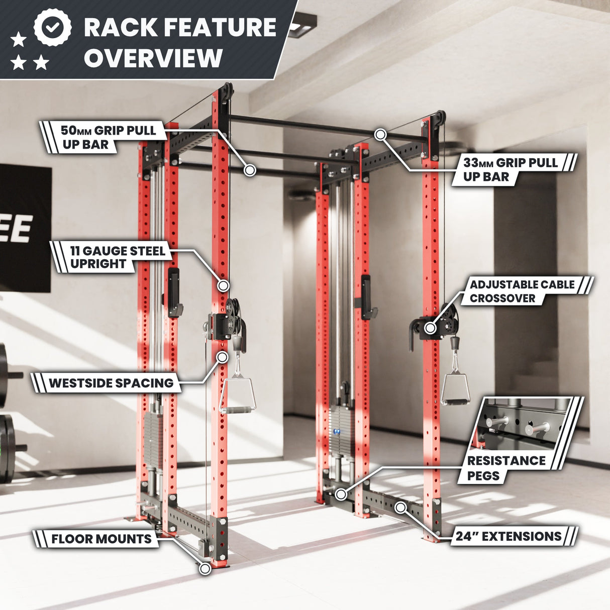 Synergee 2300 Series Power Cage with Synchronized Cable Crossovers – Dual 80lb Stacks, Adjustable Pulleys, and Multi-Grip Pull-Up Bars
