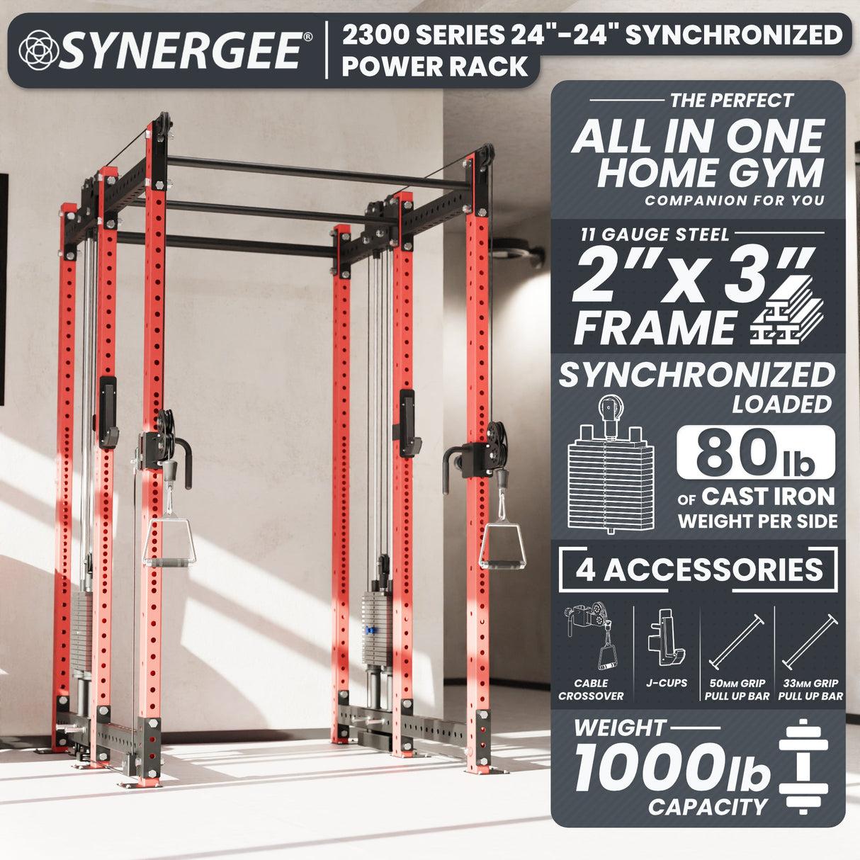 Synergee 2300 Series Power Cage with Synchronized Cable Crossovers – Dual 80lb Stacks, Adjustable Pulleys, and Multi-Grip Pull-Up Bars
