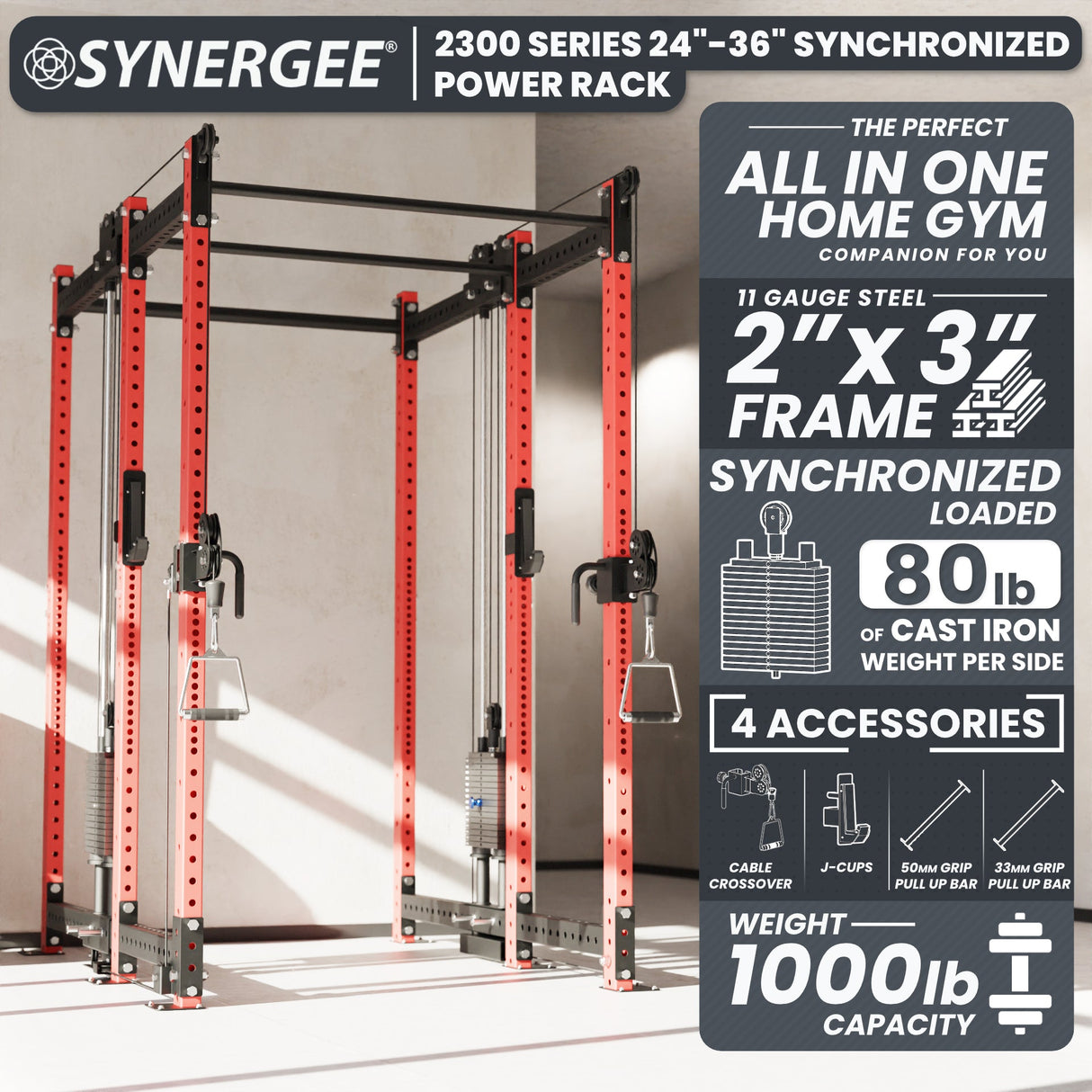 Synergee 2300 Series Power Cage with Synchronized Cable Crossovers – Dual 80lb Stacks, Adjustable Pulleys, and Multi-Grip Pull-Up Bars