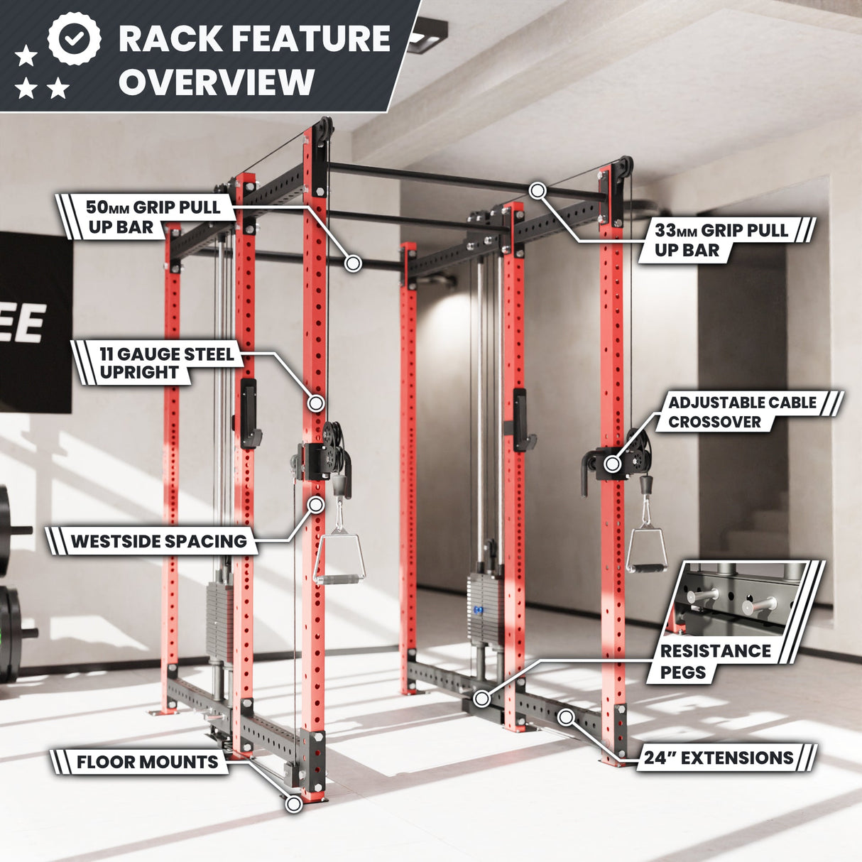Synergee 2300 Series Power Cage with Synchronized Cable Crossovers – Dual 80lb Stacks, Adjustable Pulleys, and Multi-Grip Pull-Up Bars