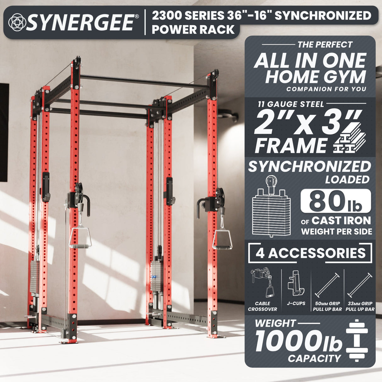 Synergee 2300 Series Power Cage with Synchronized Cable Crossovers – Dual 80lb Stacks, Adjustable Pulleys, and Multi-Grip Pull-Up Bars