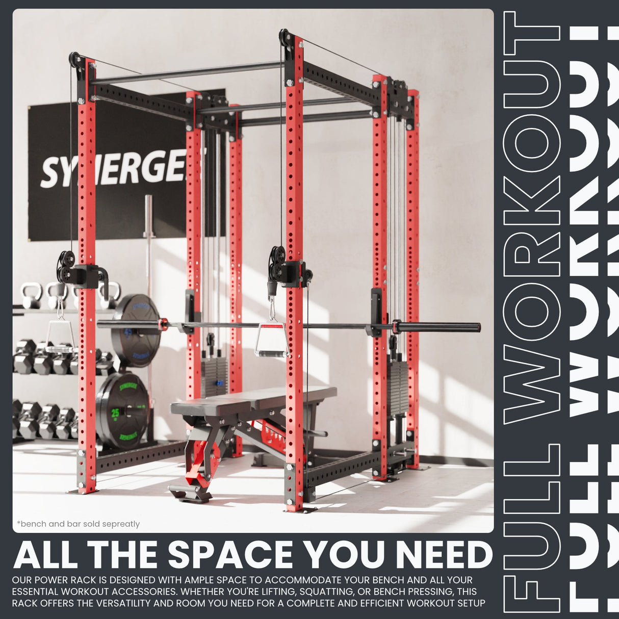 Synergee 2300 Series Power Cage with Synchronized Cable Crossovers – Dual 80lb Stacks, Adjustable Pulleys, and Multi-Grip Pull-Up Bars