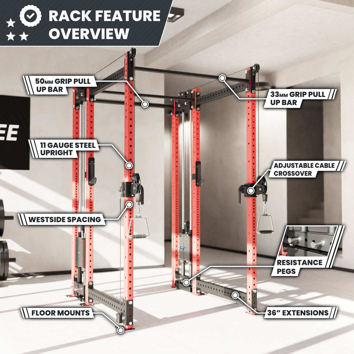 Synergee 2300 Series Power Cage with Synchronized Cable Crossovers – Dual 80lb Stacks, Adjustable Pulleys, and Multi-Grip Pull-Up Bars
