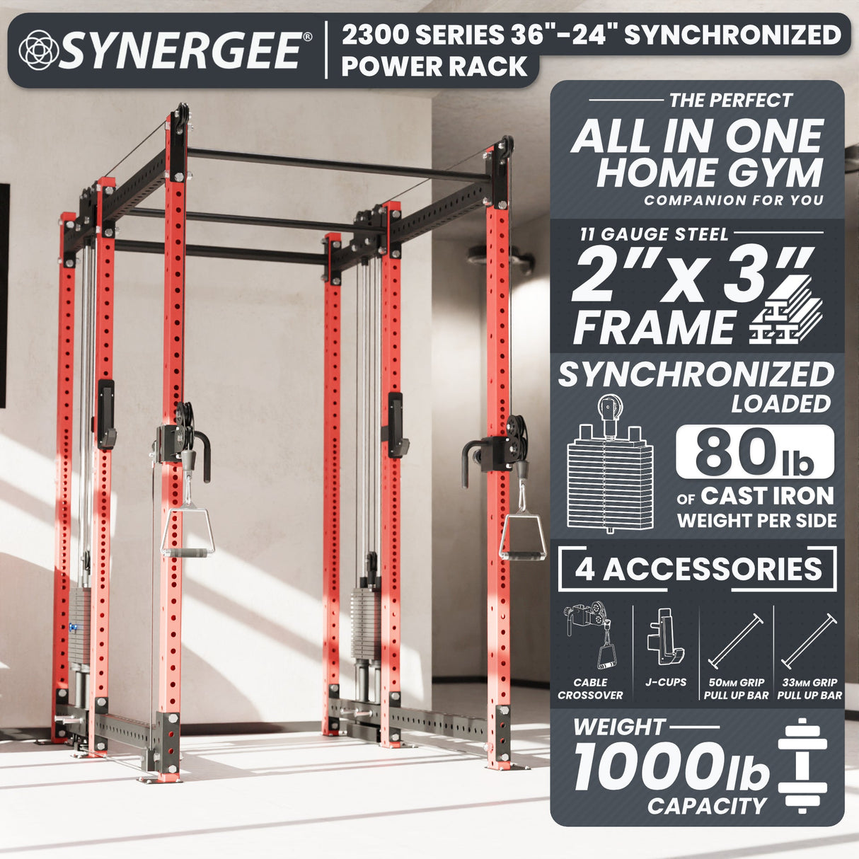 Synergee 2300 Series Power Cage with Synchronized Cable Crossovers – Dual 80lb Stacks, Adjustable Pulleys, and Multi-Grip Pull-Up Bars