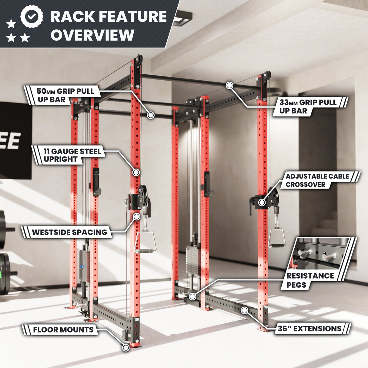 Synergee 2300 Series Power Cage with Synchronized Cable Crossovers – Dual 80lb Stacks, Adjustable Pulleys, and Multi-Grip Pull-Up Bars