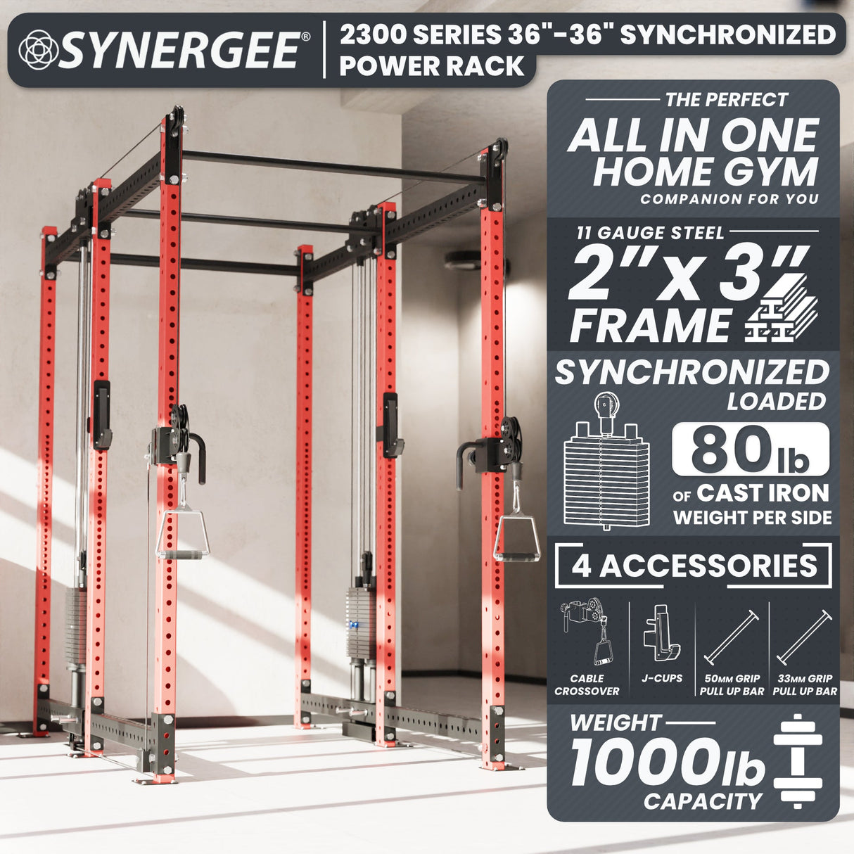 Synergee 2300 Series Power Cage with Synchronized Cable Crossovers – Dual 80lb Stacks, Adjustable Pulleys, and Multi-Grip Pull-Up Bars