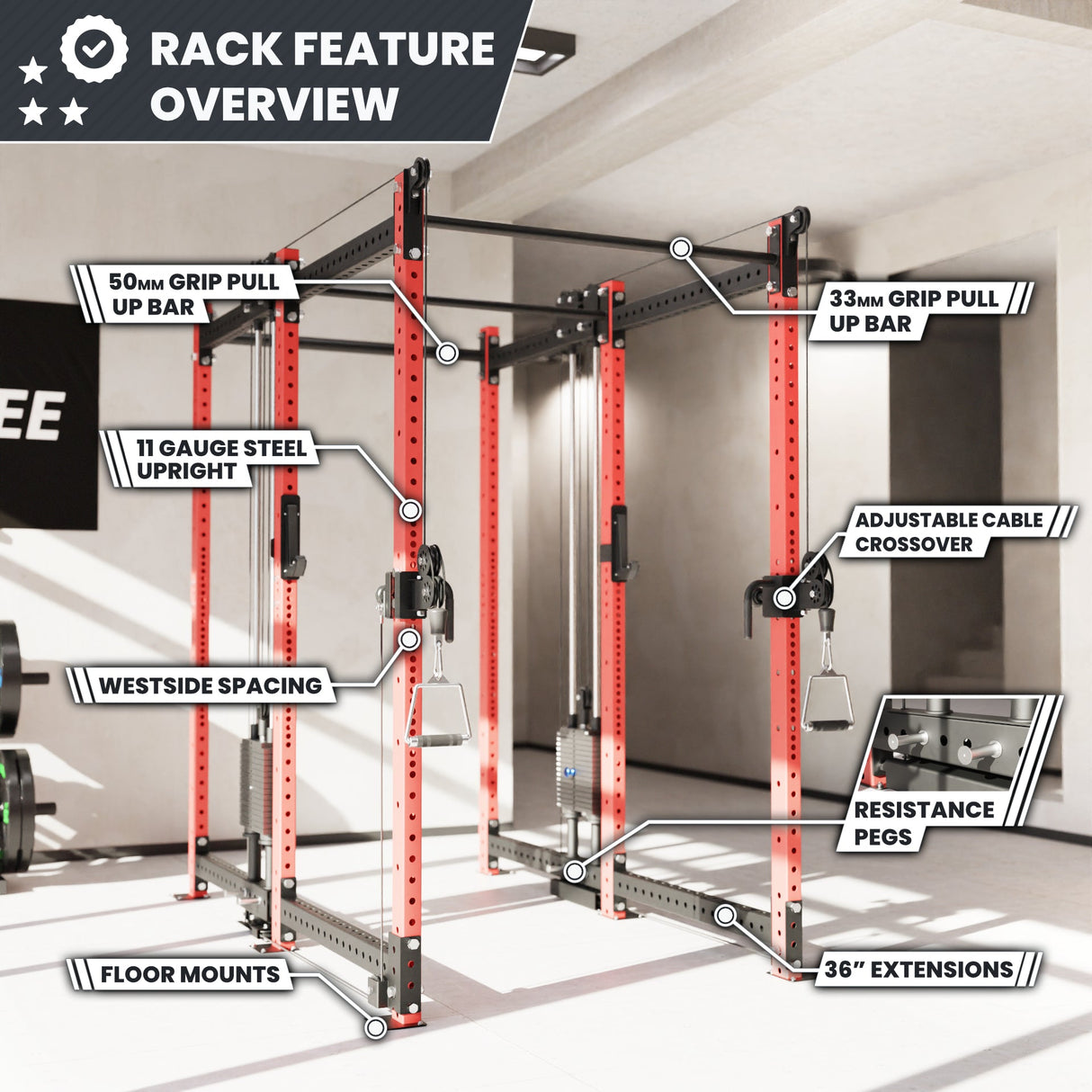 Synergee 2300 Series Power Cage with Synchronized Cable Crossovers – Dual 80lb Stacks, Adjustable Pulleys, and Multi-Grip Pull-Up Bars