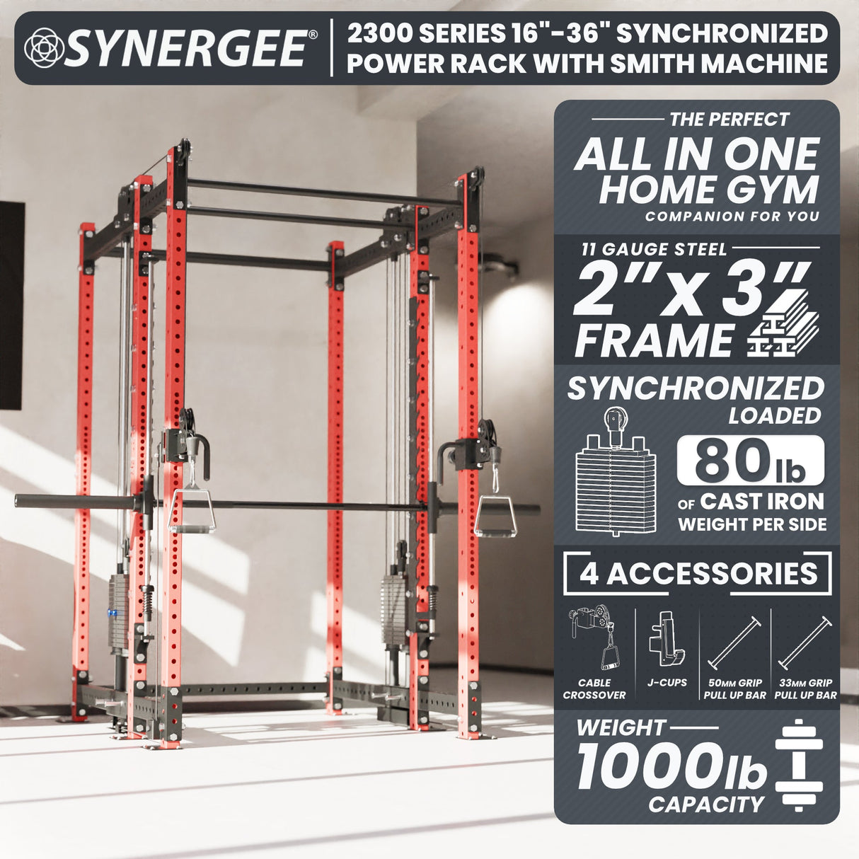 Synergee 2300 Series Power Cage with Smith Machine & Dual 80 lb Cable Crossovers – Full Body Workout Station for Home & Commercial Gyms