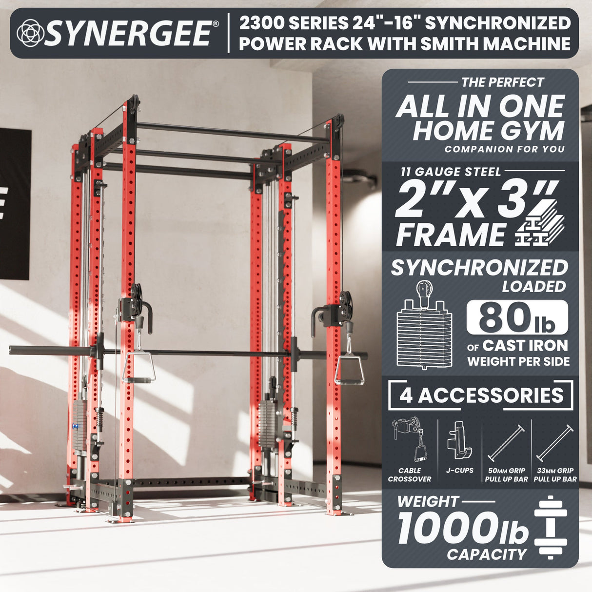 Synergee 2300 Series Power Cage with Smith Machine & Dual 80 lb Cable Crossovers – Full Body Workout Station for Home & Commercial Gyms