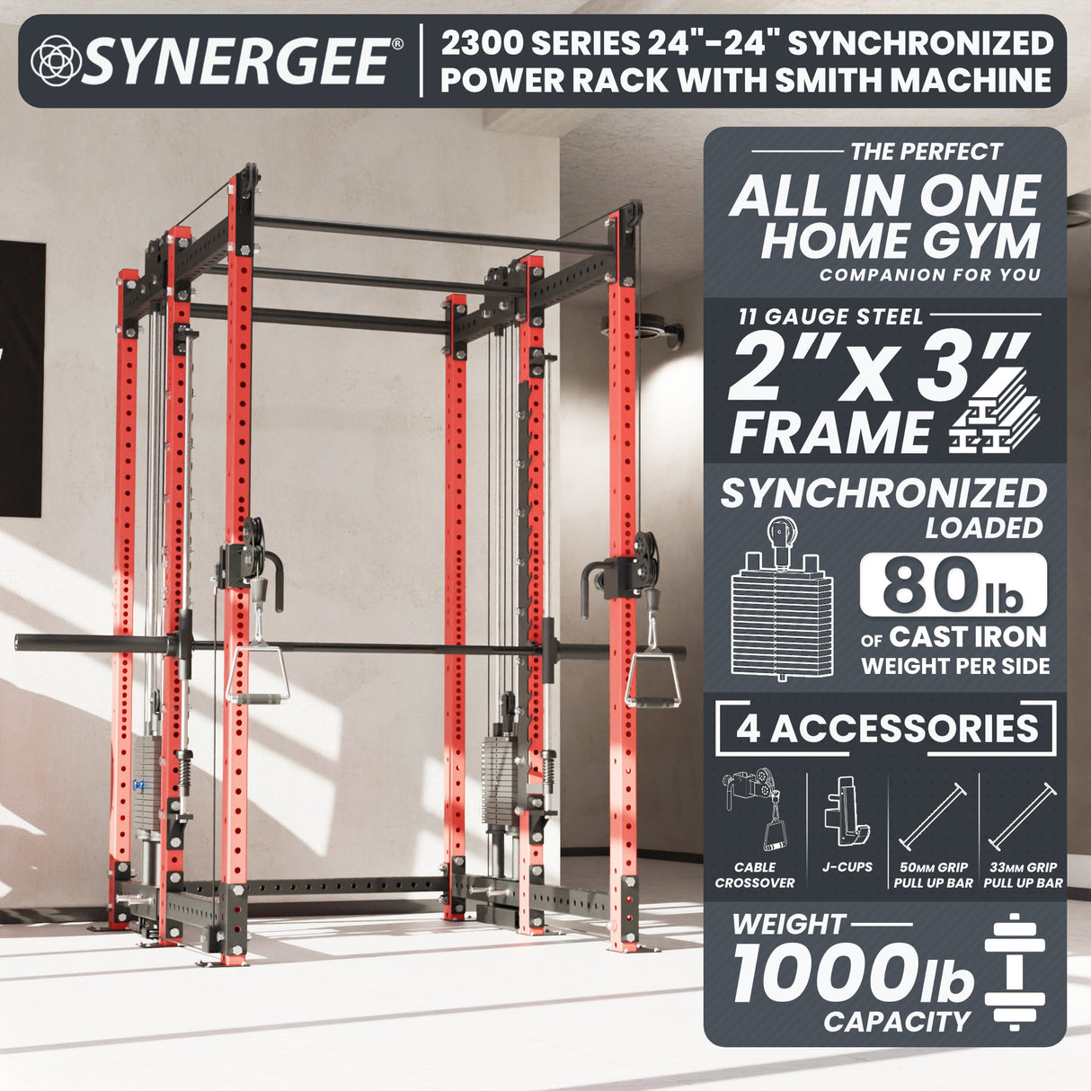 Synergee 2300 Series Power Cage with Smith Machine & Dual 80 lb Cable Crossovers – Full Body Workout Station for Home & Commercial Gyms