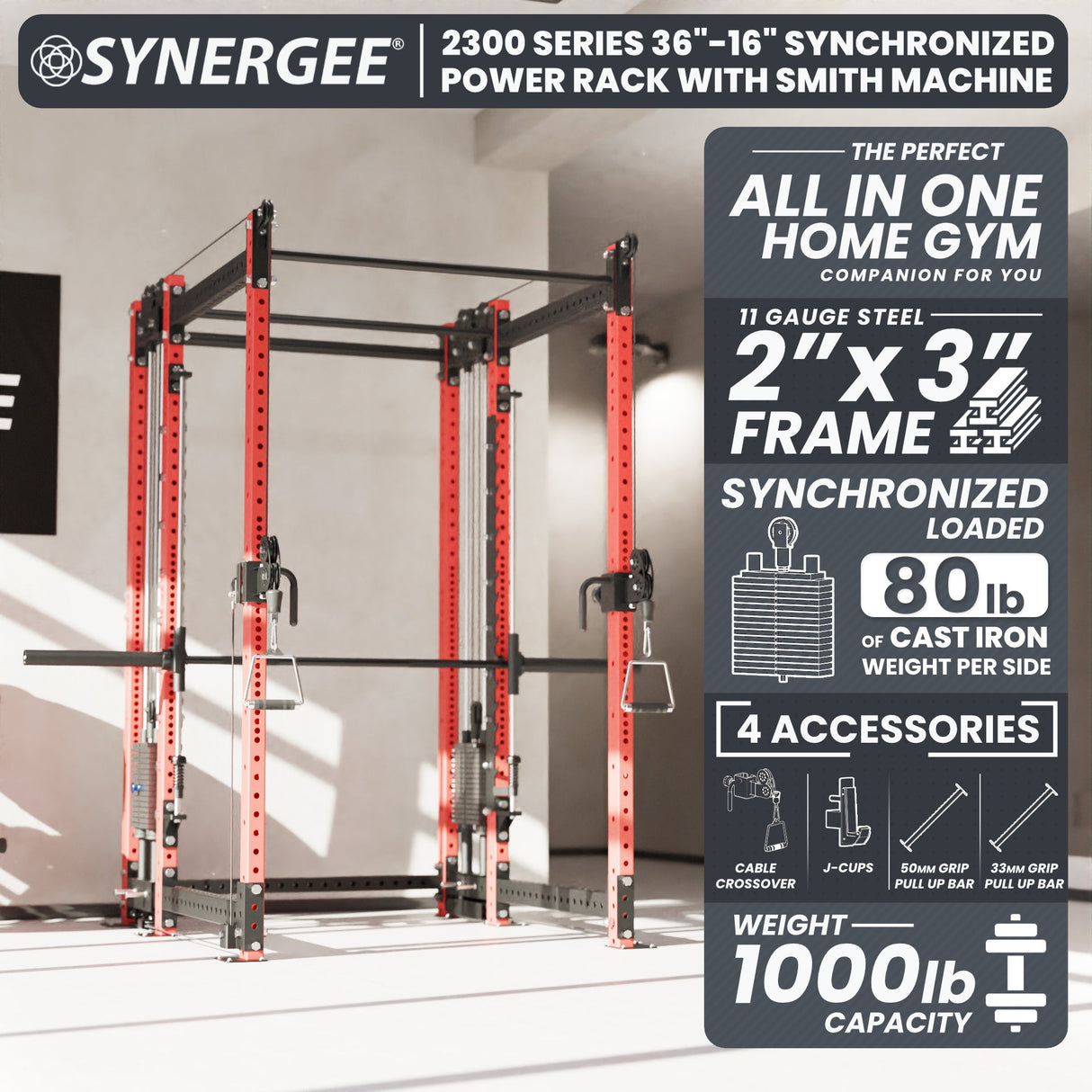 Synergee 2300 Series Power Cage with Smith Machine & Dual 80 lb Cable Crossovers – Full Body Workout Station for Home & Commercial Gyms