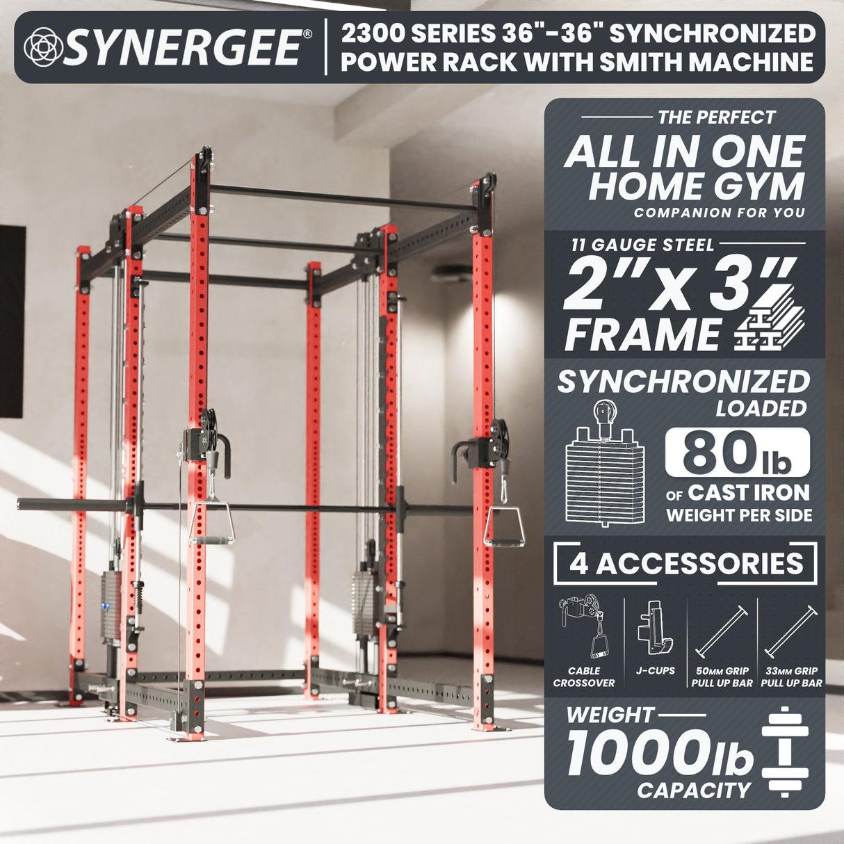 Synergee 2300 Series Power Cage with Smith Machine & Dual 80 lb Cable Crossovers – Full Body Workout Station for Home & Commercial Gyms