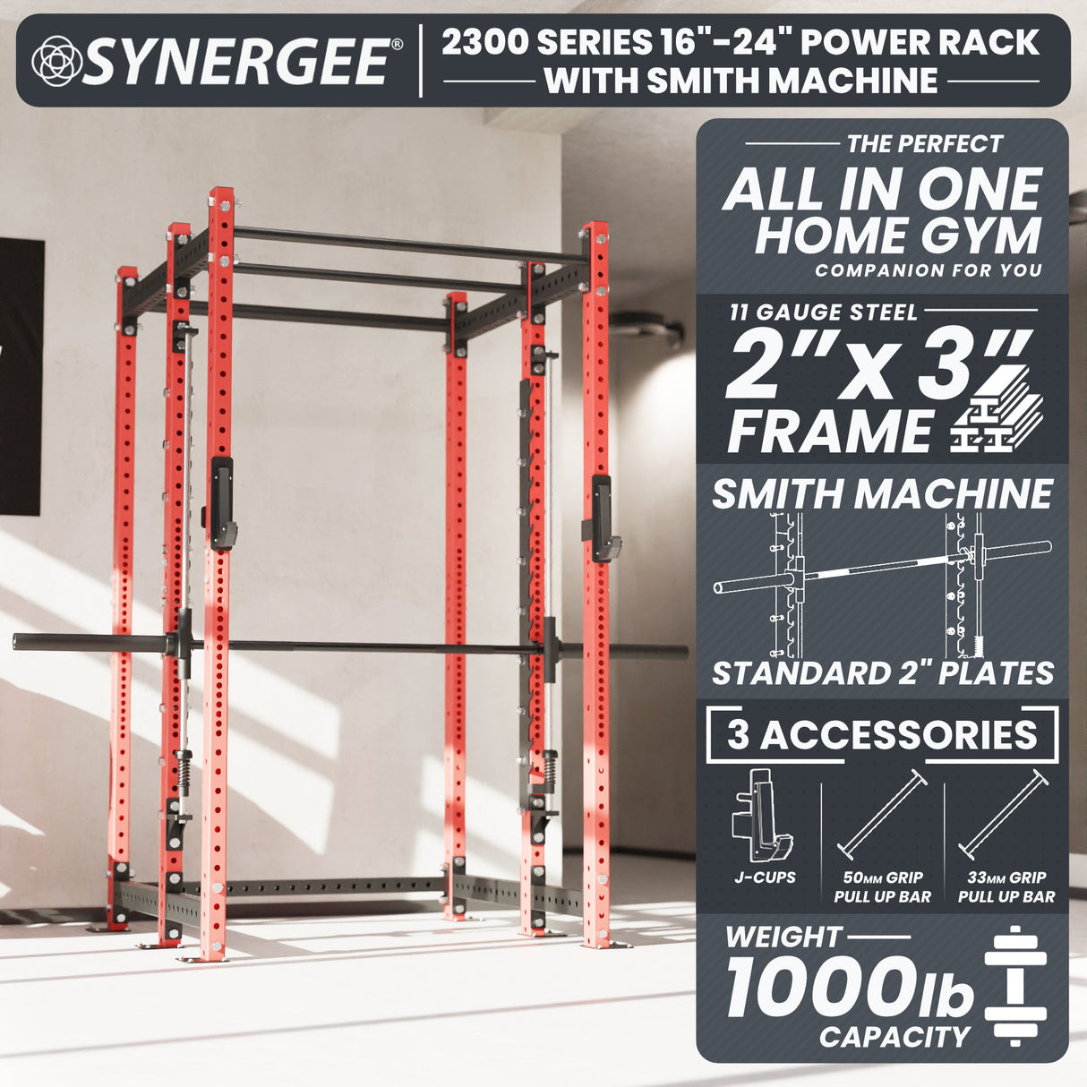 Synergee 2300 Series Power Cage with Smith Machine – Heavy-Duty Home Gym Rack with Multi-Grip Pull-Up Bars & Safety J-Cups