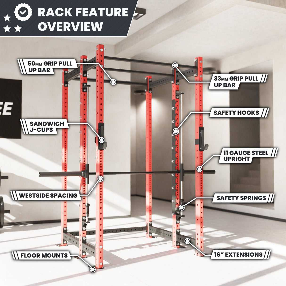 Synergee 2300 Series Power Cage with Smith Machine – Heavy-Duty Home Gym Rack with Multi-Grip Pull-Up Bars & Safety J-Cups