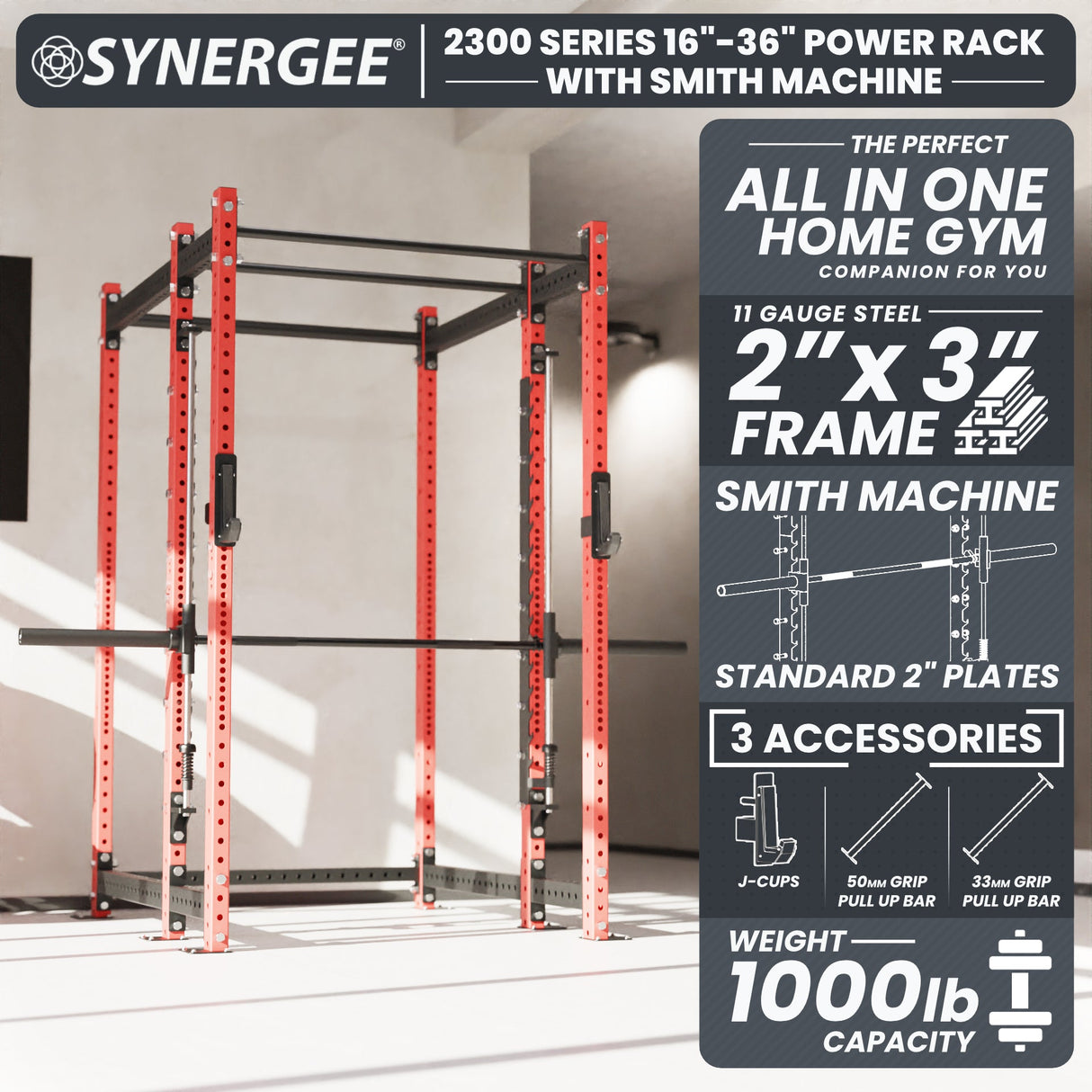 Synergee 2300 Series Power Cage with Smith Machine – Heavy-Duty Home Gym Rack with Multi-Grip Pull-Up Bars & Safety J-Cups